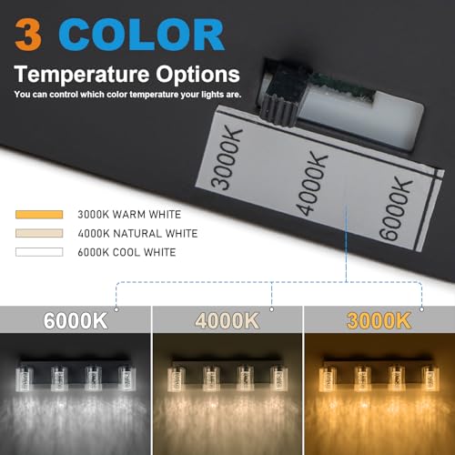 Image of SineRise Bathroom Vanity Light with 3 Color Modes (3000K /4000K /6000K), Eye Protection LED Bathroom Light Fixture, Dimmable Modern Wall Light Over Mirror with Clear Glass Shade (Black, 4-Light)