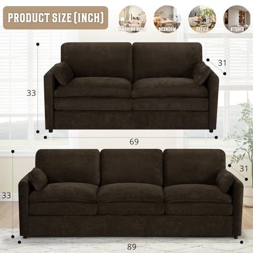 Lesofair Comfy Chenille Sofa Set with Well-Filled Pillows, Modern 3 Seater and Loveseat Sofa with Upholstered Cushions, 2 Pieces Sectional Couch with Soft and Thickened Seats for Living Room, Brown