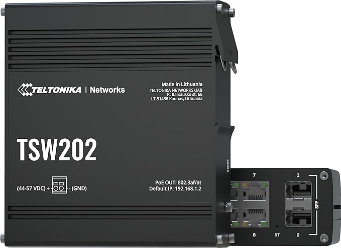 TSW202000000 Model TSW202 Managed PoE+ Switch; 8X Port PoE+; 2 x SFP Ports for Fiber Optic Communication; Up to 20 Gbps (Non-Blocking); 7-57VDC Input Voltage Range; Aluminum Housing;Industrial Switch