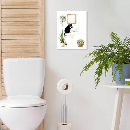 Image of CHDITB Black Cat Bathroom Canvas Wall Art Set of 3, Funny Cat Watercolor Painting, Botanical Cats Wall Decor, Boho Plants Poster, Cute Kitten Art Prints For Restroom Laundry Room Decor(12X16 Inch)