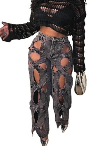 Vaceky Hollow Out Jeans Women Y2K Trendy High Waist Straight Leg Stretchy Summer Denim Pant