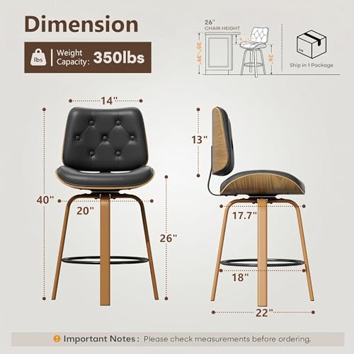 Butacos Giratorios para Isla de Cocina de 26 Pulgadas, Set de 2, Tapizados en Cuero Sintético Negro con Acabado Botón Tufted y Espaldar de Madera Curvada, Patas de Metal, Estilo Mid-Century Moderno miniatura 2