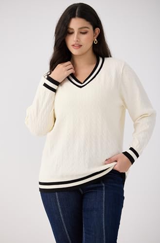 Image of CARCOS Plus Size Sweaters for Curvy Women Long Sleeve Cable V Neck Sweater Knit Pullover Preppy Style Fall Winter XL-5XL