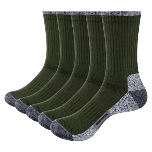 YUEDGE Mens Moisture Wicking Cushioned Army Green Cotton Crew Training Hiking Walking Athletic Sports Socks Anti Sweat Anti Smell Casual Everyday Work Socks For Men Size 6-10 UK, 5 Pairs
