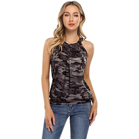 Yesfashion Women Sleeveless Halter Twisted Pleated Tank Top Blouse Camouflage Green S Cover