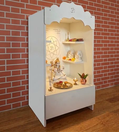 Image of Alpine Willow 3 Ft X 2 Ft Wooden Temple (DIY Assembly-Do it Yourself) I Mandir for Home I Pooja ghar I Corian Design devghar I Medium Size Temple for Home I Pooja Mandir Unit I Devghar with LED Light