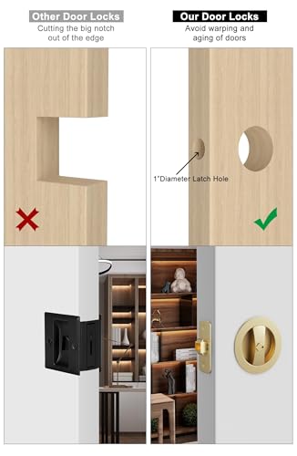 Image of goldenwarm Brushed Gold Pocket Door Lock, Zinc Alloy Gold Pocket Door Hardware(2-3 /8 inch Backset), Pocket Door Handles Round Pocket Door Locks for Bathroom for Closet Door Lock - 1 Pack