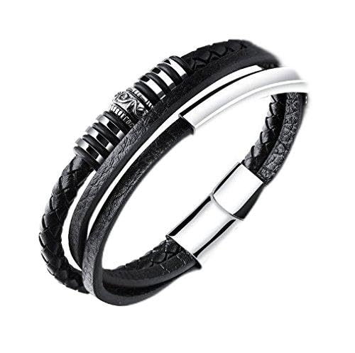 Jiayiqi Fashion Leather Bracelet for Men Black Braided Multilayer Rope Chain Stainless Steel Magnetic Clasp Male Jewellery Gifts