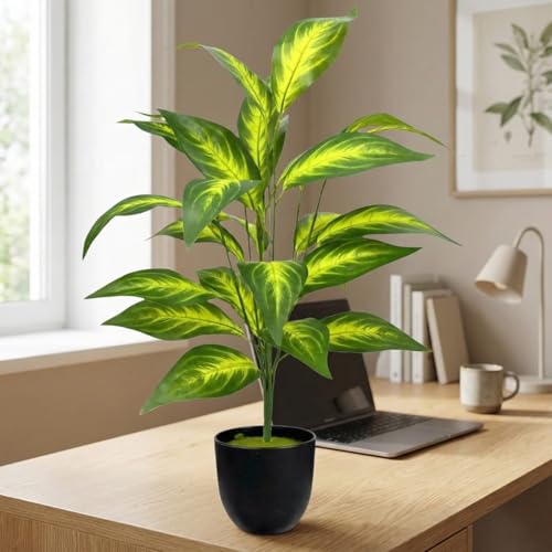 Image of Dekorly Artificial Plant Leaves Tropical Monstera Large Artificial Plants Fake Zebra Leaf Plastic Palm Tree Branch for Home Garden Decor | 26 Leaves (WithPot-Green-E, Height : 76CM)