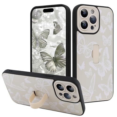Image of for iPhone 15 Pro Max Case with Finger Strap Holder, Cute Cool Butterfly Print Pattern Design for Women Men, Shockproof Anti Scratch Hand Kickstand Protective Cover, White