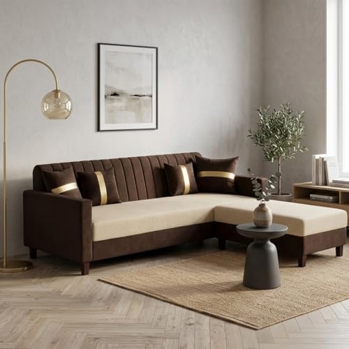 Image of CASASTYLE Korion 4 Seater L Shape Sofa Set with Movable Ottoman | Flexible Left or Right Layout | Cozy Velvet Fabric | Soft Touch Seating | Modern Designer Sofa for Living Room (Dark Brown-Cream)