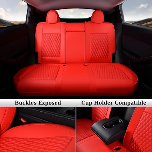 Coverado Car Seat Covers for Tesla Model Y, Car Seat Covers Full Set 5 Seater, Leatherette Car Seat Covers Front Seats and Back Custom for Tesla Model Y 2020 2021 2022 2023 2024 2025 Red - Image 5