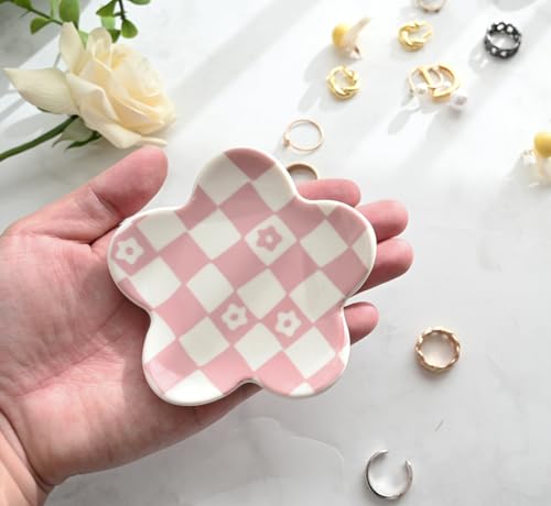 OVENKEI Pink Checkered Ceramic Jewelry Dish with Flower Shape #TOP20