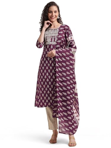 SOURBH Women's Straight Fit Cotton Embroidered Block Printed Kurta Set with Dupatta and Trouser