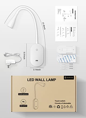 Image of White Wall Reading Light for Bed, USB Bed Lamp, 5 Brightness Touch Control | Designed for relaxing bedtime reading with directional lighting and convenient everyday bedside use