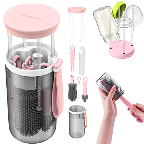 Image of Baby Bottle Brush&Travel Baby Bottle Drying Rack-Portable Baby Bottle Cleaning Silicone Brush, Bottle Cleaner Brush Kit,New Mom Gifts for Women After Birth (Pink)