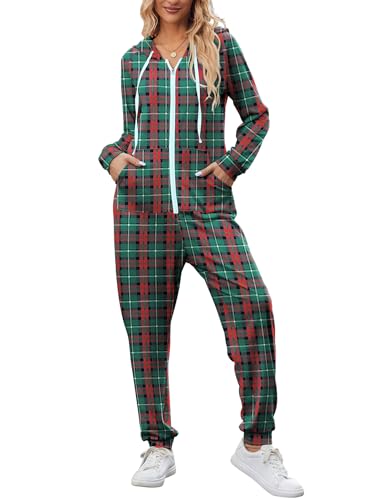 Ekouaer Christmas Onesies for Women Zipper Hooded Onesie Pajamas Adult Soft One Piece Pajama with Pockets Green Plaid Medium