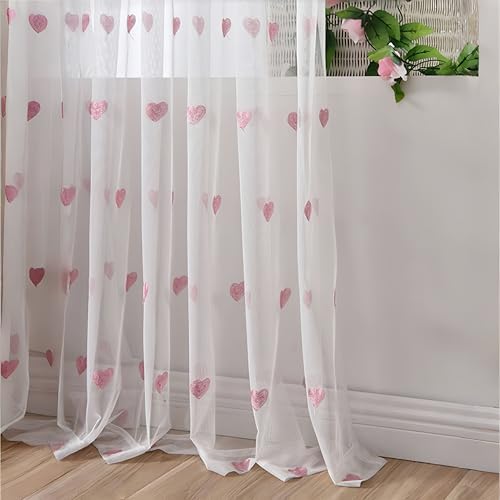 Gxi Valentine's Day White Sheer Curtains for Living Room, Pink Love Heart Embroidery Curtains 2 Panels Sets, Romantic Transparent Curtain for Bedroom...