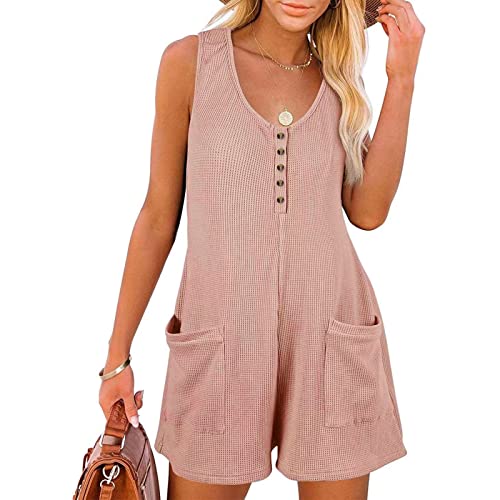 Image of Women's Waffle Romper Jumpsuit Button Front Sleeveless Shorts Casual Summer Overalls with Pockets