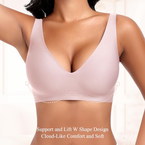 DOCUMO Bras for Women No Underwire Comfort Deep V Wireless Bralettes Adjustable Soft Sleep Seamless Plunge Bra with Bra Extender(Pink,Medium) — view 2
