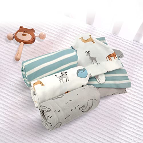 Image of Newborn Swaddle and Hat Set 6 Pack 100% Cotton Knitted Baby Receiving Blankets 35 inch x 35 inch Soft Unisex Swaddle Wrap for Girls and Boys (Whale+Elk+Green Stripes)
