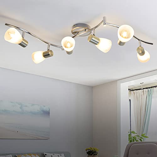 Dllt 6-Light Flexible Track Lighting Rail, Modern Directional Led Spot Ceiling Light Fixture With Glass Shade, E12 Base For Living Room, Dining Room, Bedroom, Kitchen, Brush Steel #TOP6