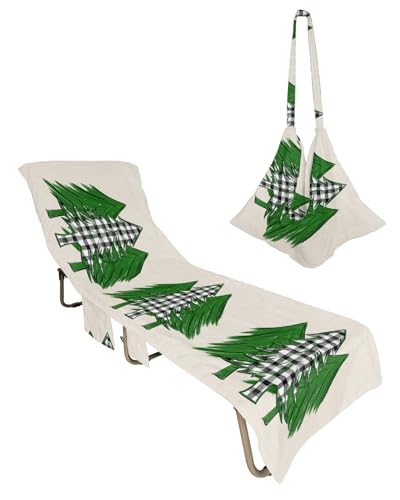 Green Christmas Tree Beach Lounge Chair Towel Cover, Soft Chaise Lounge Towel with Side Pockets Patio Pool Chairs Cover for Beach/Pool Sunbathing 29x85 Black and White Plaid Xmas Tree Rustic