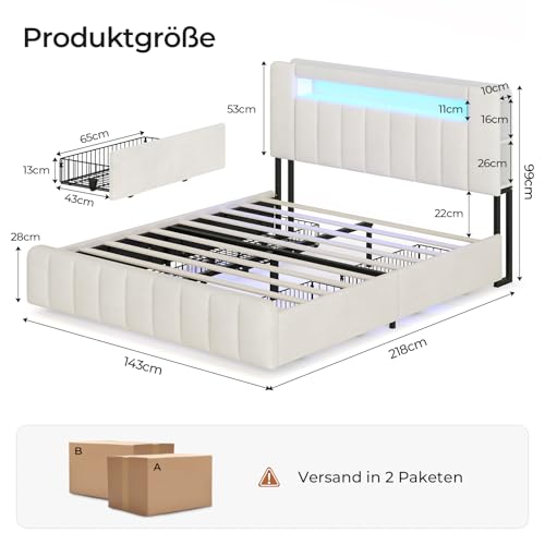 AOGLLATI Polsterbett 140x200 cm mit Stauraum - 4 Schubladen Jugendbett mit LED-Beleuchtung & Ladestation,Doppelbett mit Kopfteil aus Samt Bett 140x200 mit Lattenrost-ohne Matratze,Beige Samt – Bild 3