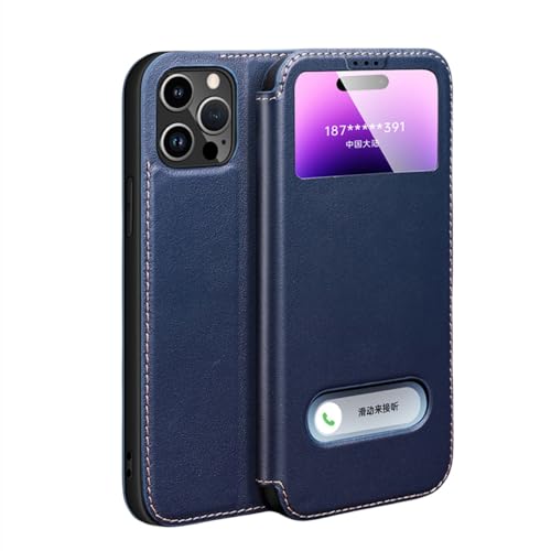 Étui en cuir véritable pour iPhone 15 Plus ENILSA bleu avec fenêtre de vue