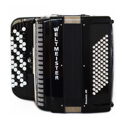 Bayan Accordion New Weltmeister Romance 602 Button Accordion, made in Germany, 72 Bass buttons, Lightweight Accordion B-Griff, Black, Original New Straps and Hard Case, Item Location USA