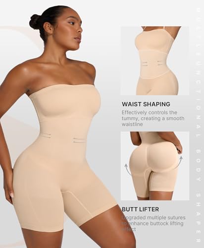 Image of SHAPELLX Women's Shapewear Bodysuits Tummy Control Butt Lifter Body Shaper Strapless Seamless Mid Thigh Jumpsuit Tops