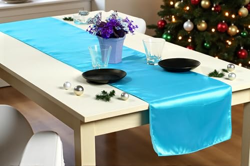 MDS Pack of 10 Satin Table Runners 12 x 108 Inch Long Wedding Sateen Bright Silk Smooth Table Runner for Wedding Reception Birthday Graduation Party Event Banquet Dinner Decoration - Turquoise
