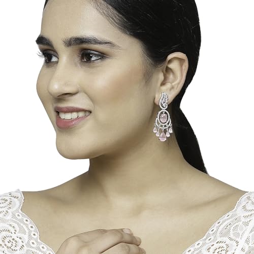 Image of ZENEME Rhodium-Plated American Diamond Studded Oval & Leaf Shaped Drop Earrings For Girls and Women