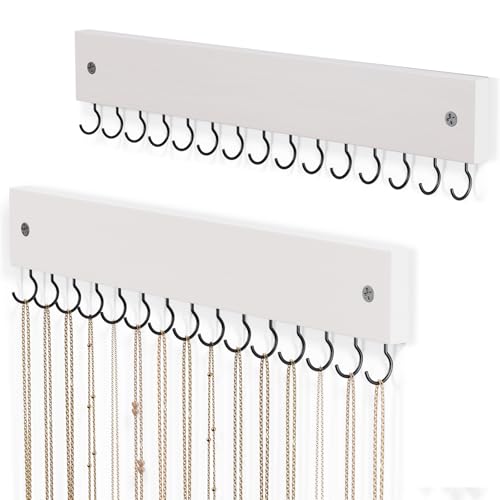 Lolalet Wooden Necklace Holder for Wall with 15 Hooks -2 Set, White