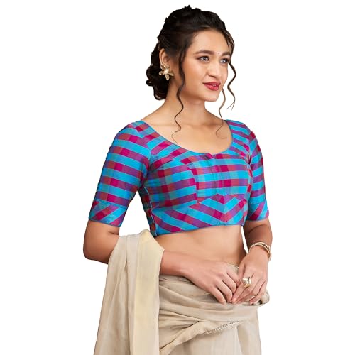 Image of SALWAR STUDIO Silk Woven Round Neck Checkered Elbow Length Blouse