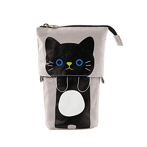 Funny live Cue Cat Telescopic Stand Up Pencil Case Canvas Telescopic Desk Pencil Holder Bag High Capacity Bag Pouch Small Cosmetics Bag with Zipper for College Office Student Girls and Boys (Gray)