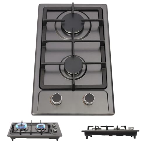 TONFEION Plaque de cuisson à gaz à 2 feux en acier inoxydable, 51 x 31 x 10 cm, noire