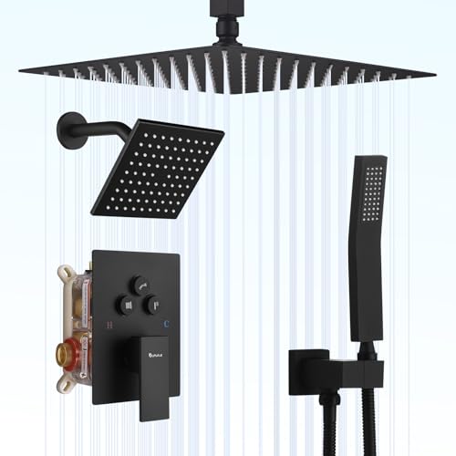 Sistema de ducha con doble cabezal tipo lluvia, set de grifería con botón pulsador, cabezal de ducha de 12" para instalación en techo y cabezal de 6" para pared, válvula de balance de presión (Negro Mate) miniatura 1
