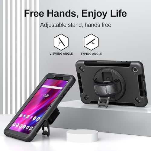 Junfire Shockproof Case for Lenovo Tab M8 4th Gen 2023, Heavy Duty Rugged Case with 360°Rotatable Kickstand/Hand Strap/Stylus Holder for TB-300FU/TB-300FX, Black