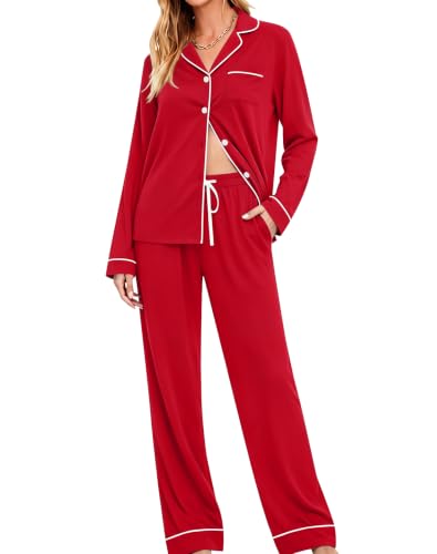 Image of SWOMOG Womens Pajamas Set Long Sleeve Sleepwear Button Down Nightwear Soft Cotton Pj Lounge Sets