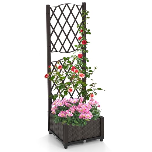 RELAX4LIFE Blumenkasten mit Rankgitter, Rankgitter mit Rattanoptik Pflanzkasten, Pflanzkübel mit Spalier, Hochbeet mit Rankhilfe, Spalier mit Blumentopf für Garten (Kaffee, 40 x 40 x 122 cm)