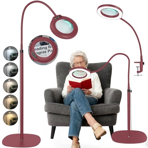 Veemagni 10 lupas de cristal auténticas con luz y soporte, 24 pulgadas, flexible, lupa de cuello de cisne, lámpara de pie, 5 modos de color, regulable sin niveles, 3 en 1, lámpara LED de aumento, lupa