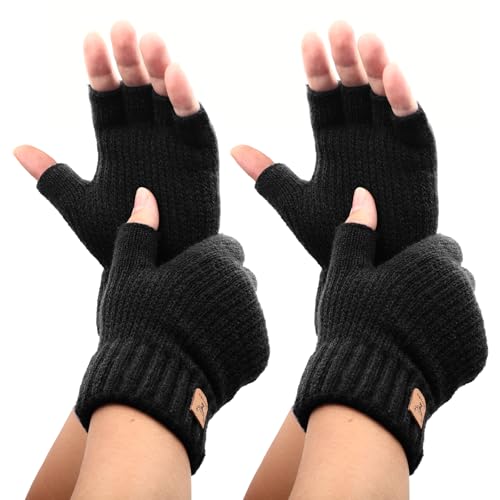 Omtofo Fingerlose Handschuhe Herren Damen, 2 Paar Alpakawolle Warm Winterhandschuhe, Unisex, Strickhandschuhe Handschuhe ohne Finger für Laufen, Radfahren, Fahren, Innen, Außen, Schwarz