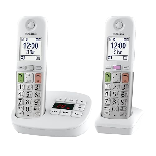 Panasonic KX TGU432EXW Teléfono Inalámbrico Digital con Contestador Automático, Volumen Amplificado, Unidad Base y 2 Auriculares, Pantalla LCD, Linterna, Compatible con Audífonos, Blanco y Plateado