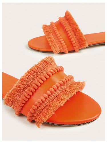 Image of OYOANGLE Women's Fringe Straw Sandals Crochet Open Toe Single Band Flat Slip On Sandals