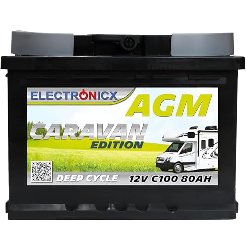 Batería De Ciclo Profundo Agm Electronicx De 12 V Y 80Ah C100, Edición Caravana - Sin Mantenimiento, Ideal Para Camping, Embarcaciones, Sistemas De Energía De Emergencia Y Sistemas Aislados