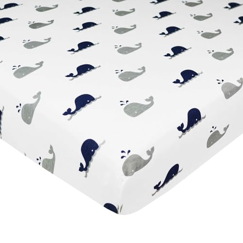 Image of American Baby Company 2 Pack 100% Natural Cotton Fitted Pack and Play Sheets 39 inch x 27 inch - Soft & Breathable Pack N Play Sheets for Playard & Mini Crib Mattress, Navy Whale /Grey Zigzag, for Boys & Girls