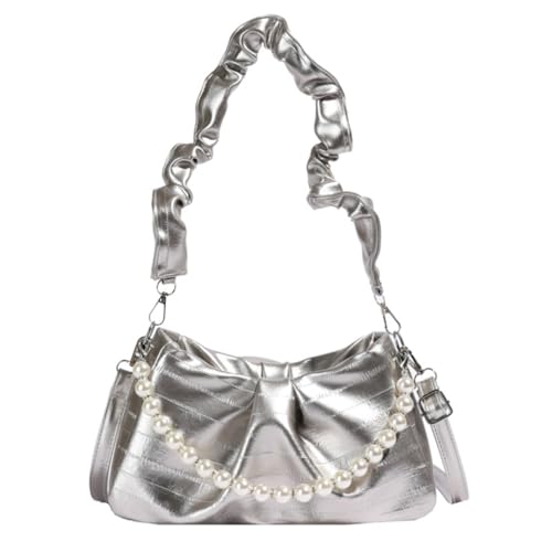 LEIDJGUN Elegante bolso cruzado para mujer, de piel sintética, plisado, con asa de perlas y correa ajustable, Silver