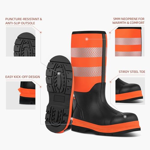 Men's Steel Toe Muck Work Boots – Reflective, Puncture Proof, Oil & Slip Resistant, Rubber & Neoprene, Breathable Safety Boots for Construction, Roadwork, Industrial & Heavy Duty3