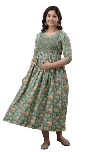 Image of The Moon Star Women's Cotton Floral Printed Anarkali Maternity Feeding Kurti | Breastfeeding Dress for Mothers | Zipper Feeding Kurti, Nursing Kurti, Comfortable and Trendy Maternity Wear